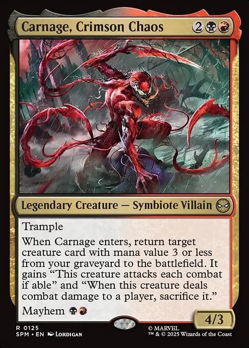Carnage, Crimson Chaos, carta Magic di tipo Legendary Creature — Symbiote Villain illustrata da Lordigan