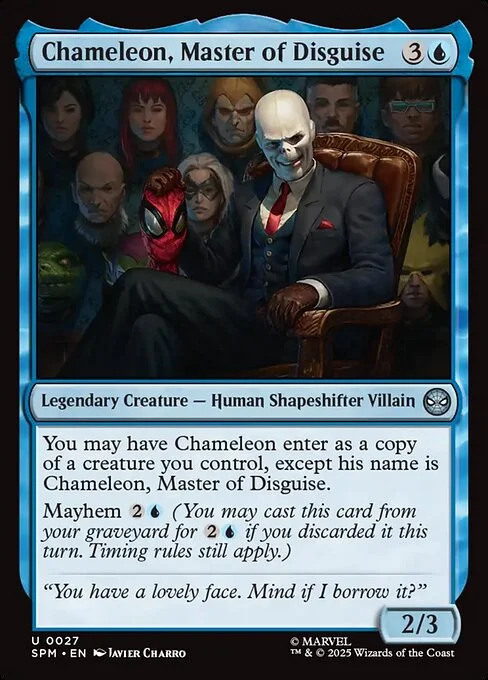 Chameleon, Master of Disguise, carta Magic di tipo Legendary Creature — Human Shapeshifter Villain illustrata da Javier Charro