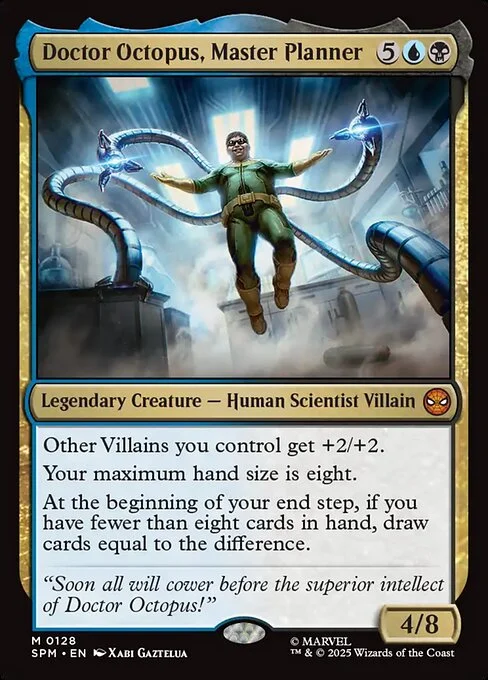 Doctor Octopus, Master Planner, carta Magic di tipo Legendary Creature — Human Scientist Villain illustrata da Xabi Gaztelua