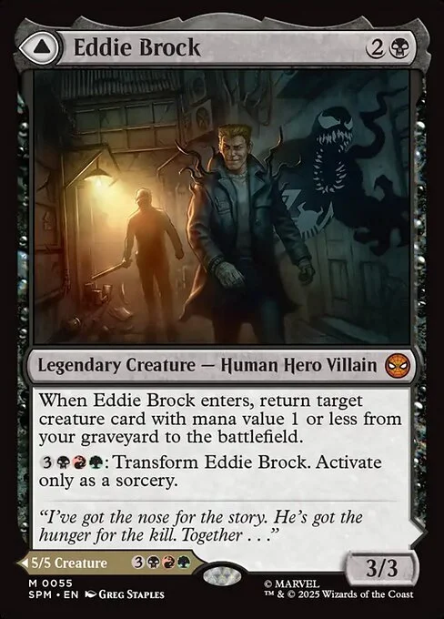 Eddie Brock // Venom, Lethal Protector, carta Magic di tipo Legendary Creature — Human Hero Villain // Legendary Creature — Symbiote Hero Villain illustrata da Greg Staples