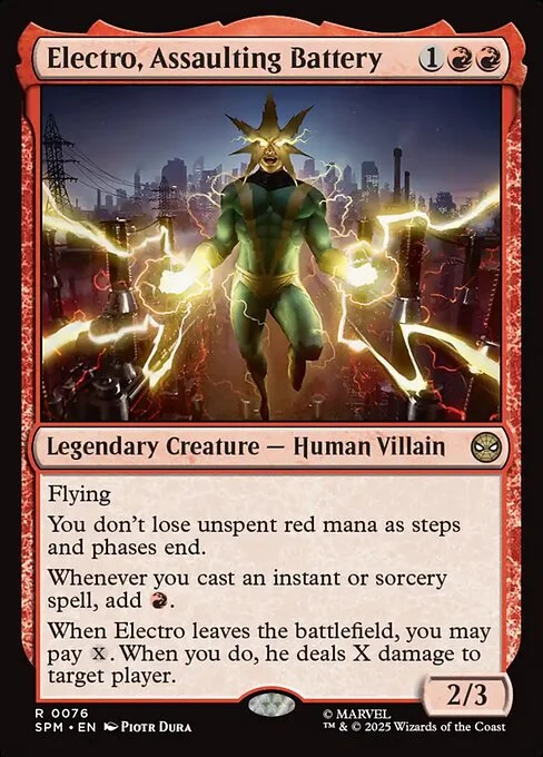Electro, Assaulting Battery, carta Magic di tipo Legendary Creature — Human Villain illustrata da Piotr Dura