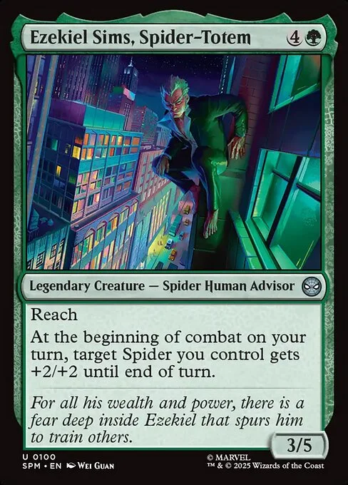 Ezekiel Sims, Spider-Totem, carta Magic di tipo Legendary Creature — Spider Human Advisor illustrata da Wei Guan