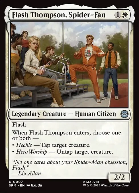 Flash Thompson, Spider-Fan, carta Magic di tipo Legendary Creature — Human Citizen illustrata da Gal Or