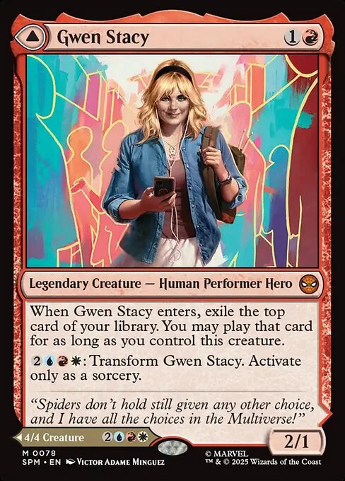 Gwen Stacy // Ghost-Spider, carta Magic di tipo Legendary Creature — Human Performer Hero // Legendary Creature — Spider Human Hero illustrata da Victor Adame Minguez