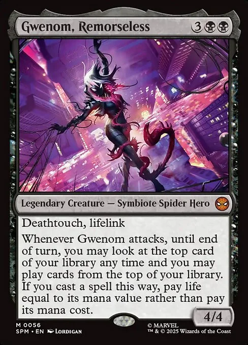 Gwenom, Remorseless, carta Magic di tipo Legendary Creature — Symbiote Spider Hero illustrata da Lordigan