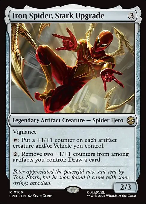 Iron Spider, Stark Upgrade, carta Magic di tipo Legendary Artifact Creature — Spider Hero illustrata da Kevin Glint