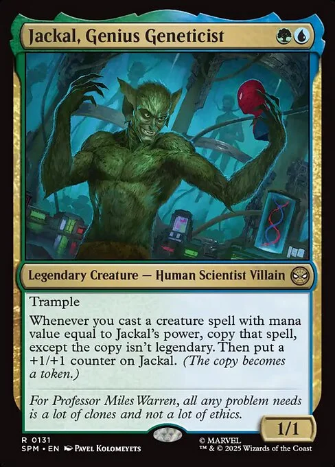 Jackal, Genius Geneticist, carta Magic di tipo Legendary Creature — Human Scientist Villain illustrata da Pavel Kolomeyets