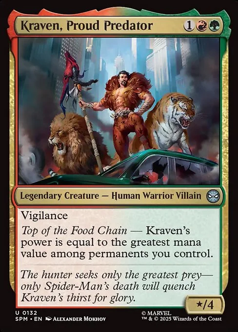 Kraven, Proud Predator, carta Magic di tipo Legendary Creature — Human Warrior Villain illustrata da Alexander Mokhov