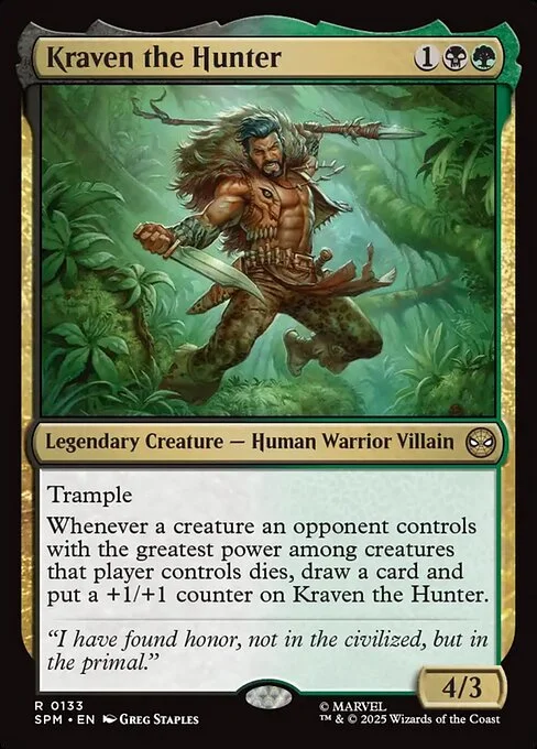 Kraven the Hunter, carta Magic di tipo Legendary Creature — Human Warrior Villain illustrata da Greg Staples