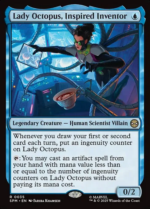 Lady Octopus, Inspired Inventor, carta Magic di tipo Legendary Creature — Human Scientist Villain illustrata da Fariba Khamseh