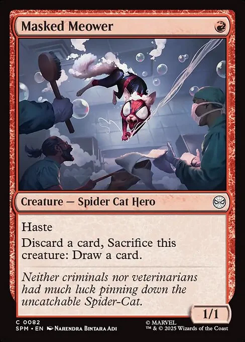 Masked Meower, carta Magic di tipo Creature — Spider Cat Hero illustrata da Narendra Bintara Adi