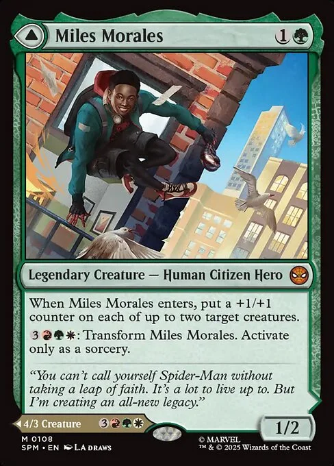 Miles Morales // Ultimate Spider-Man, carta Magic di tipo Legendary Creature — Human Citizen Hero // Legendary Creature — Spider Human Hero illustrata da L.A. Draws