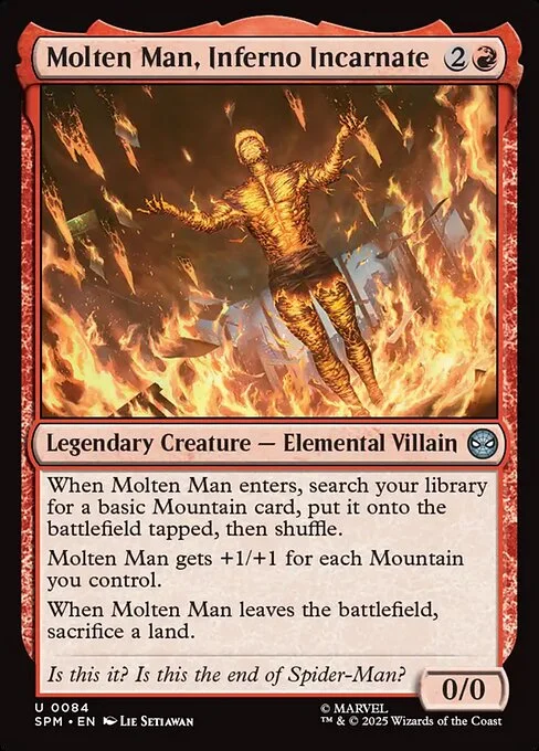 Molten Man, Inferno Incarnate, carta Magic di tipo Legendary Creature — Elemental Villain illustrata da Lie Setiawan