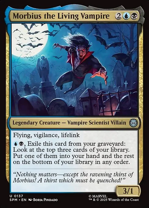 Morbius the Living Vampire, carta Magic di tipo Legendary Creature — Vampire Scientist Villain illustrata da Borja Pindado