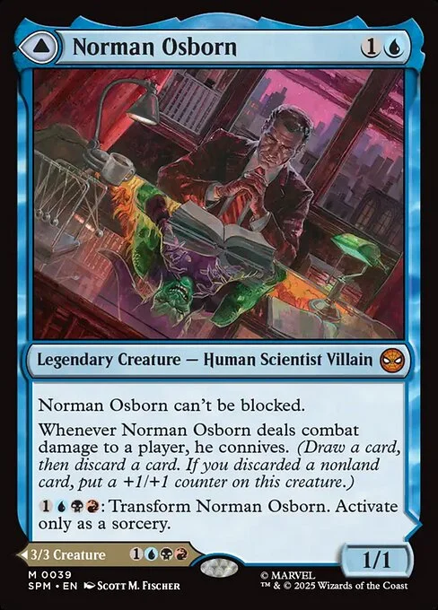 Norman Osborn // Green Goblin, carta Magic di tipo Legendary Creature — Human Scientist Villain // Legendary Creature — Goblin Human Villain illustrata da Scott M. Fischer