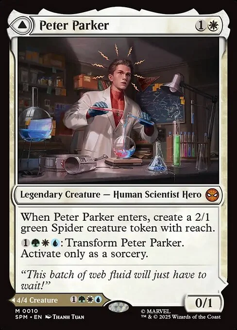 Peter Parker // Amazing Spider-Man, carta Magic di tipo Legendary Creature — Human Scientist Hero // Legendary Creature — Spider Human Hero illustrata da Thanh Tuấn