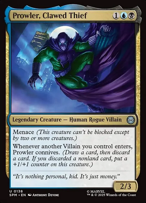 Prowler, Clawed Thief, carta Magic di tipo Legendary Creature — Human Rogue Villain illustrata da Anthony Devine