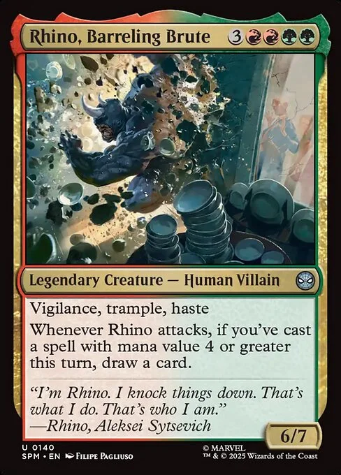 Rhino, Barreling Brute, carta Magic di tipo Legendary Creature — Human Villain illustrata da Filipe Pagliuso