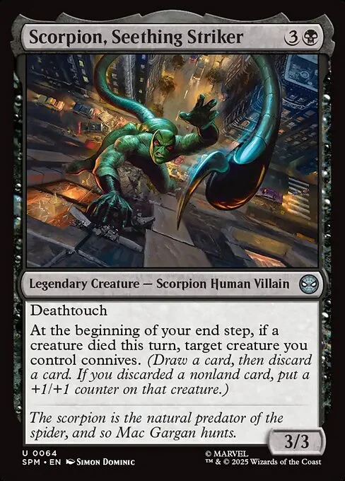 Scorpion, Seething Striker, carta Magic di tipo Legendary Creature — Scorpion Human Villain illustrata da Simon Dominic