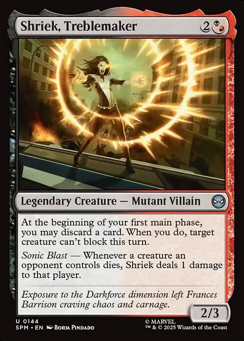 Shriek, Treblemaker, carta Magic di tipo Legendary Creature — Mutant Villain illustrata da Borja Pindado