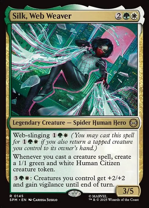 Silk, Web Weaver, carta Magic di tipo Legendary Creature — Spider Human Hero illustrata da Carissa Susilo