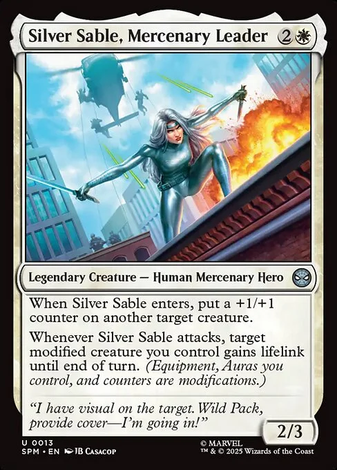 Silver Sable, Mercenary Leader, carta Magic di tipo Legendary Creature — Human Mercenary Hero illustrata da JB Casacop