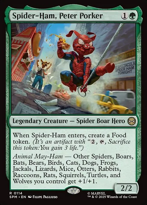 Spider-Ham, Peter Porker, carta Magic di tipo Legendary Creature — Spider Boar Hero illustrata da Filipe Pagliuso