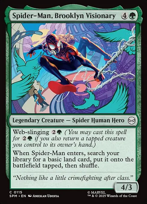 Spider-Man, Brooklyn Visionary, carta Magic di tipo Legendary Creature — Spider Human Hero illustrata da Aniekan Udofia