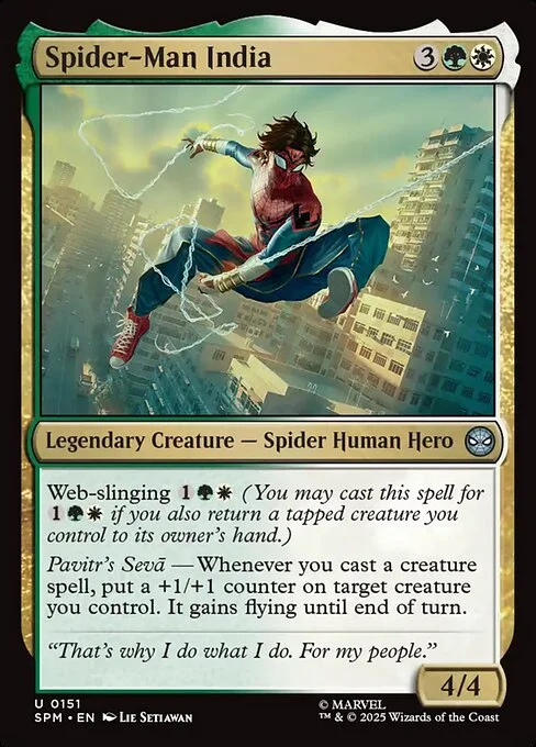 Spider-Man India, carta Magic di tipo Legendary Creature — Spider Human Hero illustrata da Lie Setiawan