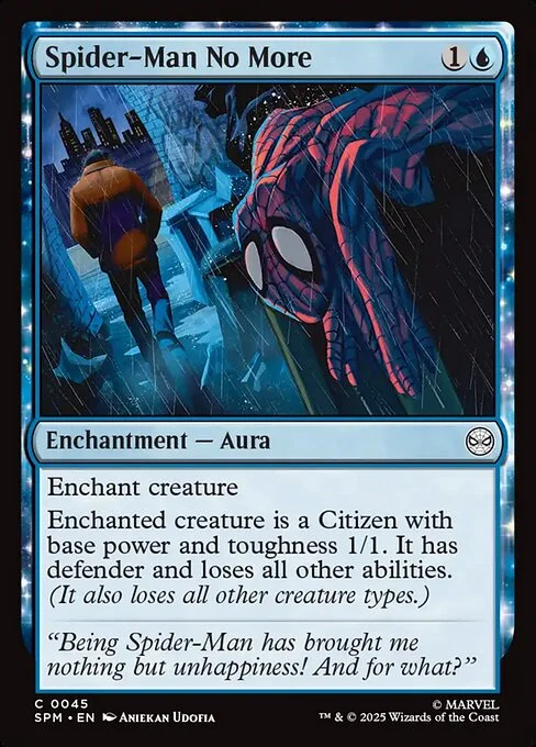 Spider-Man No More, carta Magic di tipo Enchantment — Aura illustrata da Aniekan Udofia