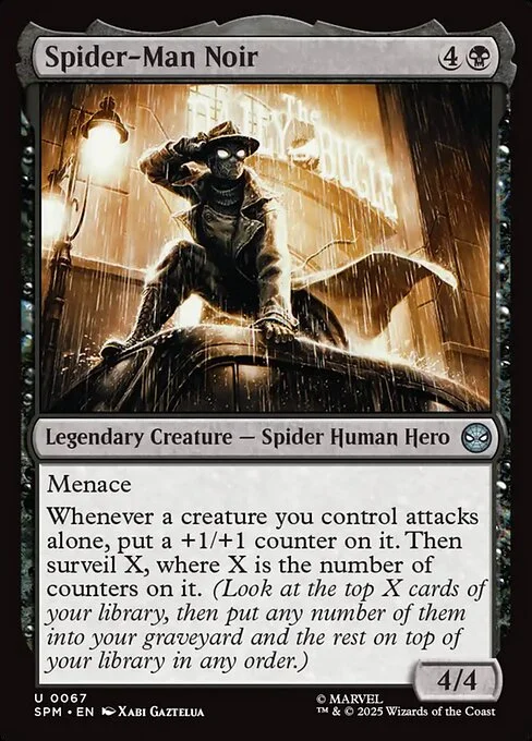 Spider-Man Noir, carta Magic di tipo Legendary Creature — Spider Human Hero illustrata da Xabi Gaztelua
