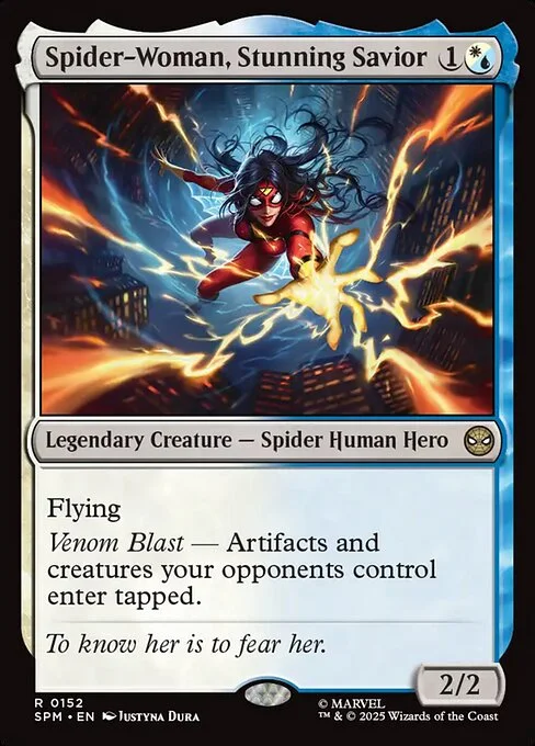 Spider-Woman, Stunning Savior, carta Magic di tipo Legendary Creature — Spider Human Hero illustrata da Justyna Dura