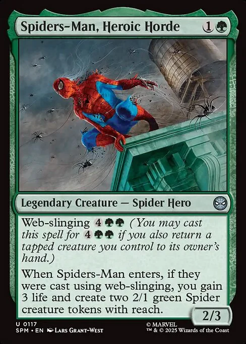 Spiders-Man, Heroic Horde, carta Magic di tipo Legendary Creature — Spider Hero illustrata da Lars Grant-West