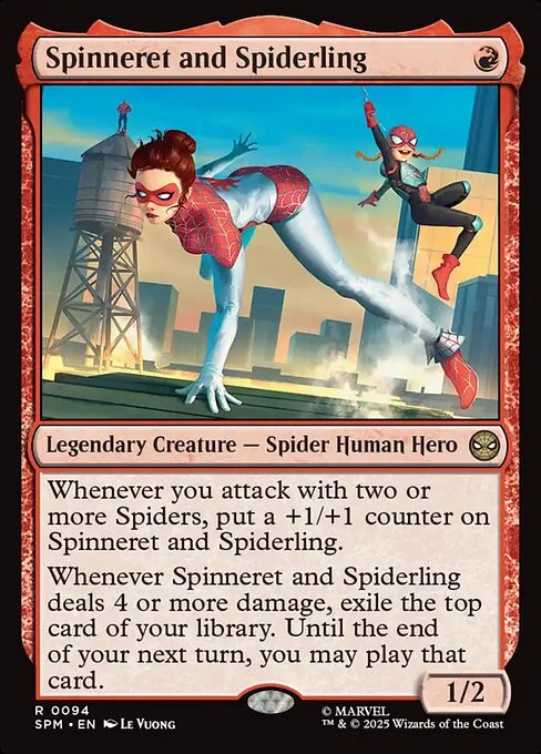Spinneret and Spiderling, carta Magic di tipo Legendary Creature — Spider Human Hero illustrata da Le Vuong