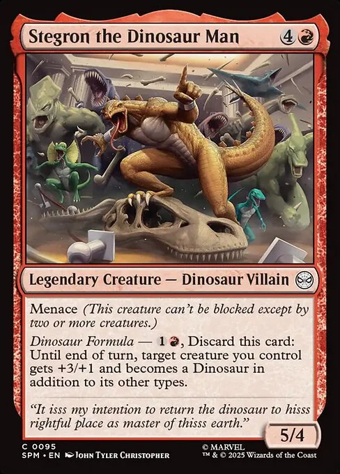 Stegron the Dinosaur Man, carta Magic di tipo Legendary Creature — Dinosaur Villain illustrata da John Tyler Christopher