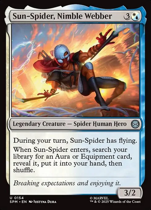 Sun-Spider, Nimble Webber, carta Magic di tipo Legendary Creature — Spider Human Hero illustrata da Justyna Dura