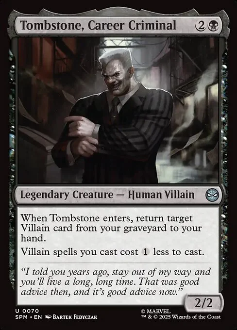 Tombstone, Career Criminal, carta Magic di tipo Legendary Creature — Human Villain illustrata da Bartek Fedyczak