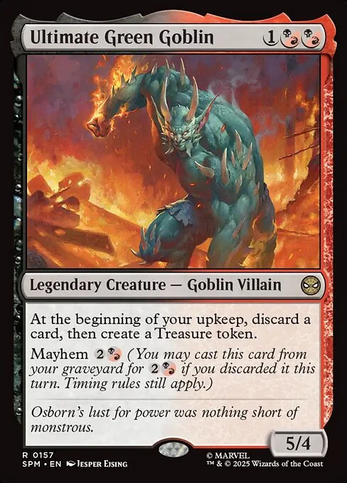 Ultimate Green Goblin, carta Magic di tipo Legendary Creature — Goblin Villain illustrata da Jesper Ejsing