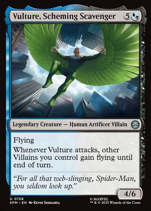 Vulture, Scheming Scavenger, carta Magic di tipo Legendary Creature — Human Artificer Villain illustrata da Kevin Sidharta