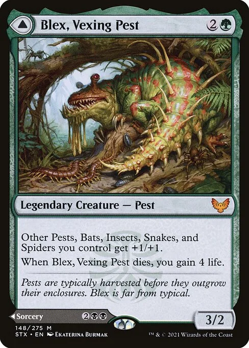 Blex, Vexing Pest // Search for Blex, carta Magic di tipo Legendary Creature — Pest // Sorcery illustrata da Ekaterina Burmak