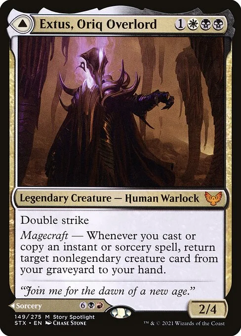 Extus, Oriq Overlord // Awaken the Blood Avatar, carta Magic di tipo Legendary Creature — Human Warlock // Sorcery illustrata da Chase Stone & Kekai Kotaki