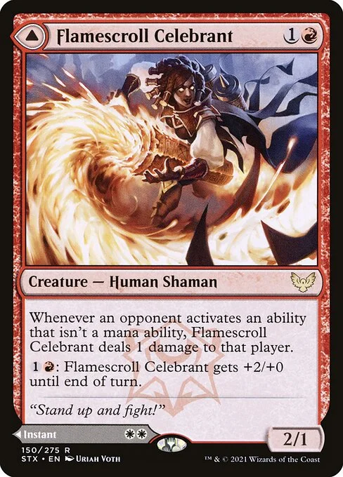 Flamescroll Celebrant // Revel in Silence, carta Magic di tipo Creature — Human Shaman // Instant illustrata da Uriah Voth