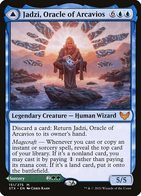 Jadzi, Oracle of Arcavios // Journey to the Oracle, carta Magic di tipo Legendary Creature — Human Wizard // Sorcery illustrata da Chris Rahn