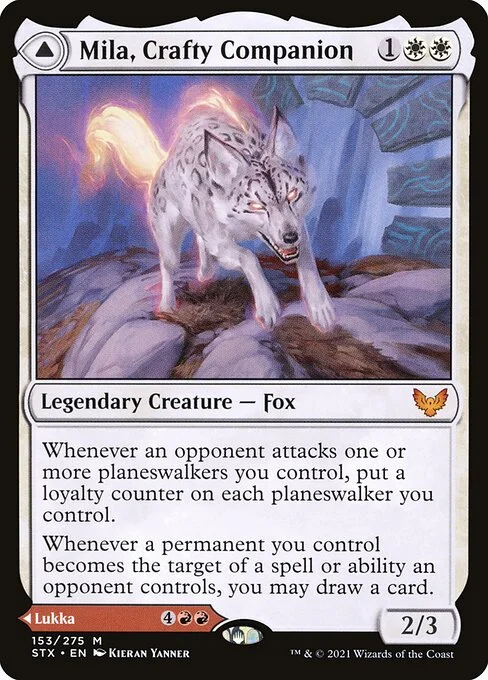 Mila, Crafty Companion // Lukka, Wayward Bonder, carta Magic di tipo Legendary Creature — Fox // Legendary Planeswalker — Lukka illustrata da Kieran Yanner