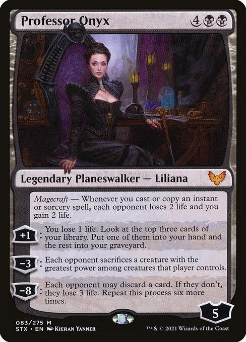 Professor Onyx, carta Magic di tipo Legendary Planeswalker — Liliana illustrata da Kieran Yanner