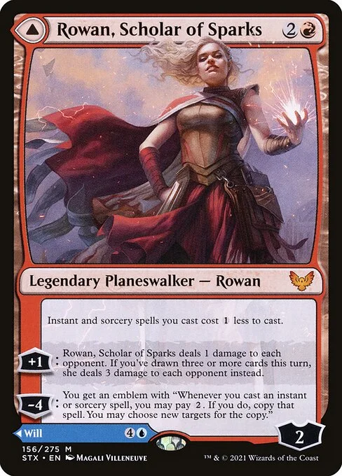 Rowan, Scholar of Sparks // Will, Scholar of Frost, carta Magic di tipo Legendary Planeswalker — Rowan // Legendary Planeswalker — Will illustrata da Magali Villeneuve