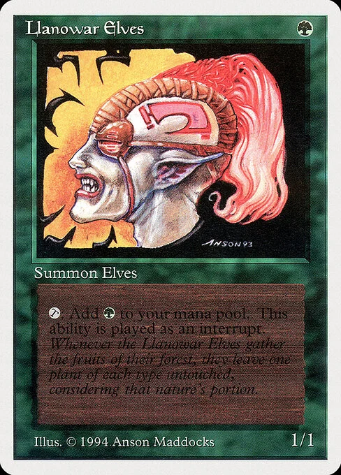 Llanowar Elves, carta Magic di tipo Creature — Elf Druid illustrata da Anson Maddocks