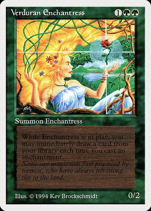 Verduran Enchantress, carta Magic di tipo Creature — Human Druid illustrata da Kev Brockschmidt