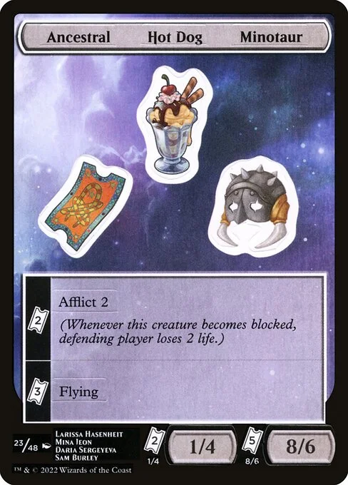 Ancestral Hot Dog Minotaur, carta Magic di tipo Stickers illustrata da Larissa Hasenheit & Mina Jeon
