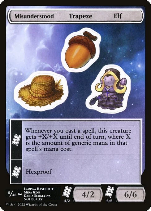 Misunderstood Trapeze Elf, carta Magic di tipo Stickers illustrata da Larissa Hasenheit & Mina Jeon
